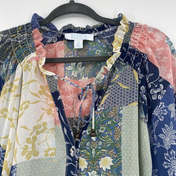Bunulu Women's XL Mixed Print Boho Peasant Smocked Beaded Tie Front Blouse Sheer - Picture 10 of 13